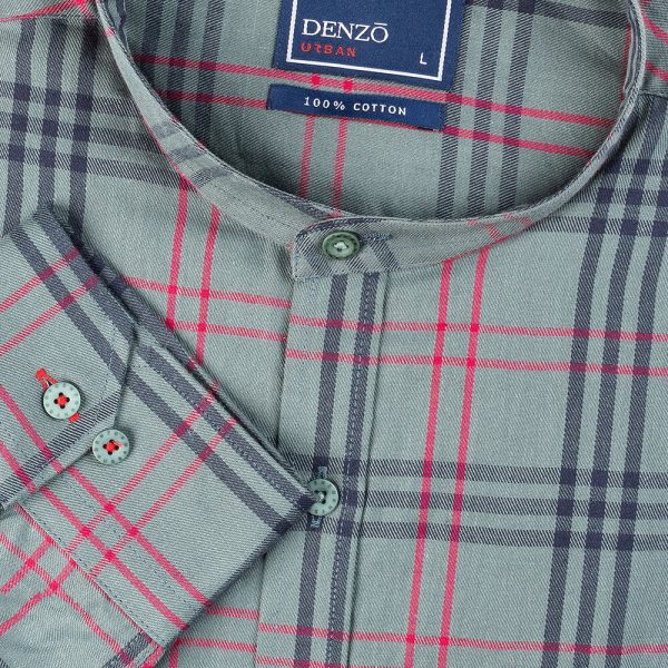 DENZO® URBAN TWILL LARGE CHECK CHINESE COLLAR - GREEN
