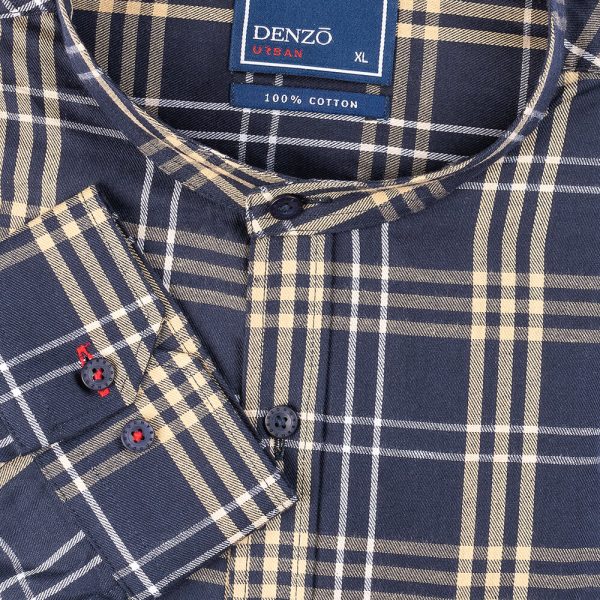 DENZO® URBAN TWILL LARGE CHECK CHINESE COLLAR - NAVY BLUE