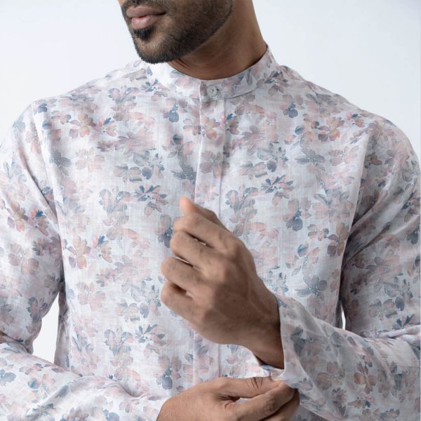 DENZO® PREMIUM LONGSLEEVE HALF LENGTH KURTA - WHITE FLORAL - Image 2