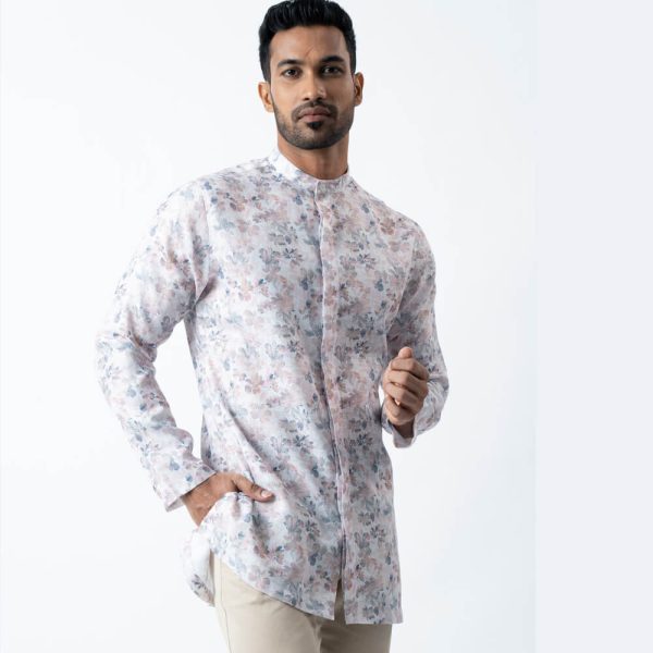 DENZO® PREMIUM LONGSLEEVE HALF LENGTH KURTA - WHITE FLORAL