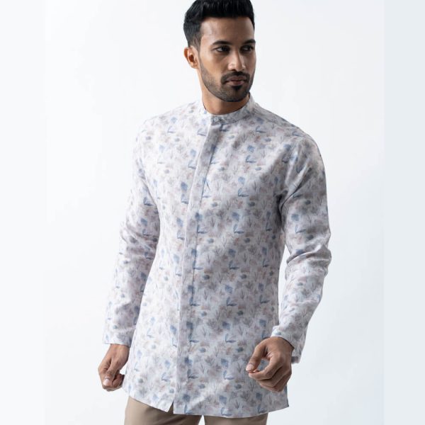 DENZO® PREMIUM LONGSLEEVE HALF LENGTH KURTA - WHITE LEAF