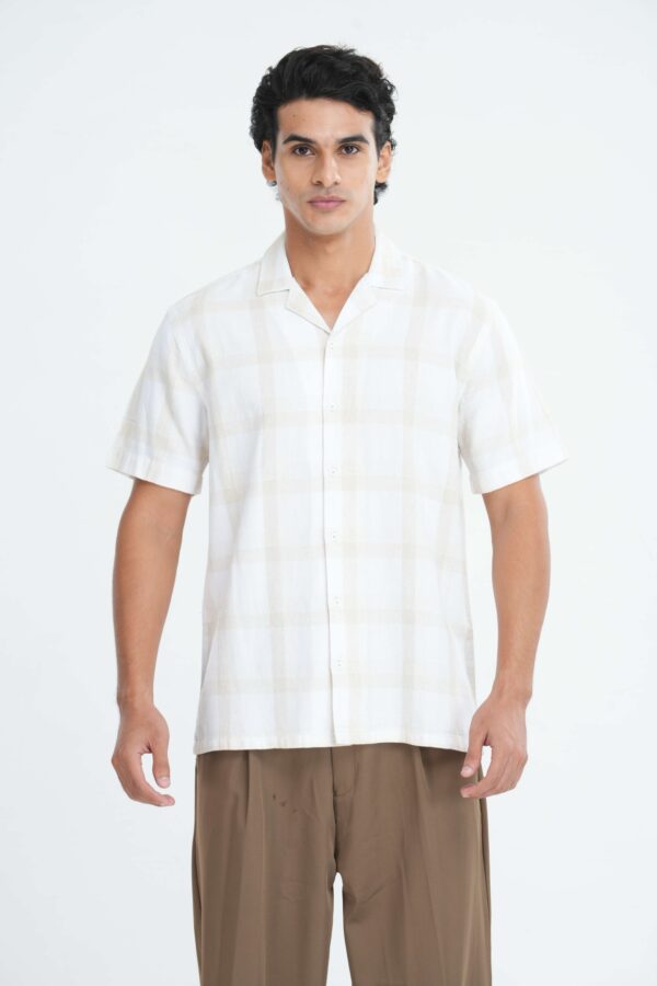 DENZO® BEIGE WHITE STRIPED CUBAN COLLAR SHIRT